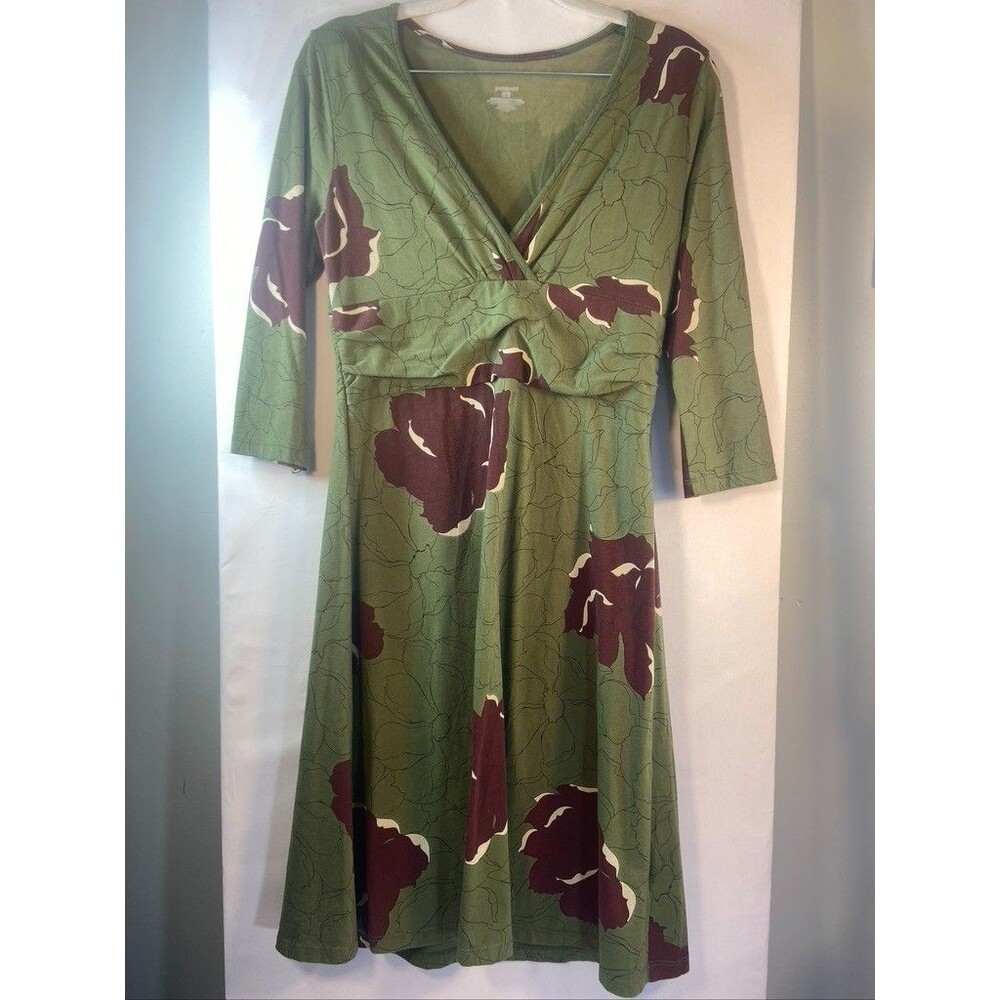 PATAGONIA WOMENS MED OLIVE GREEN FLORAL PRINT BANDED WAIST LONG SLEEVE DRESS